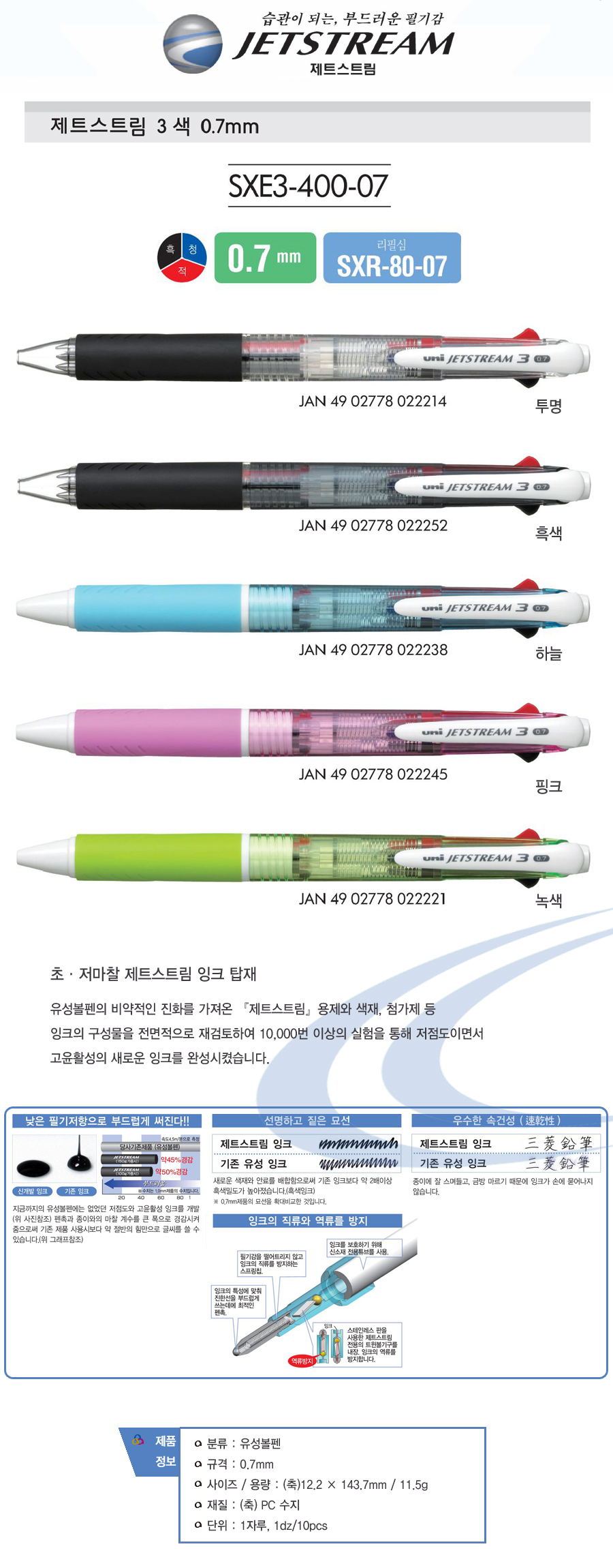 미쯔비시 제트스트림 3색 볼펜, 투명, 0.7mm, 1개 상세 이미지 1