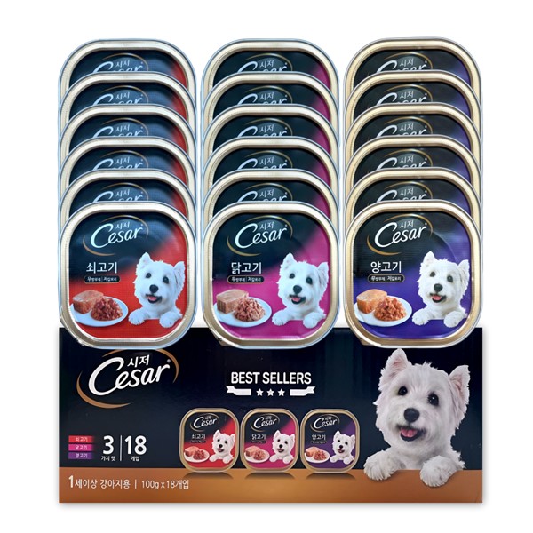 시저 베스트 3종, 강아지, 혼합맛, 100g, 18개, 1박스