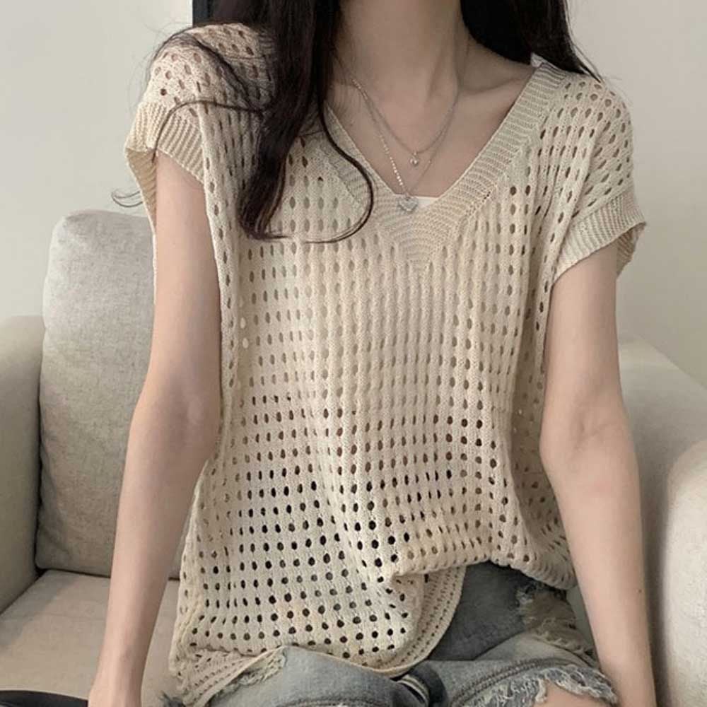 펀칭 커버업 캐주얼룩 조끼 여성 여름 시스루 비치웨어 브이넥 베스트 민소매 루즈핏 레이어드 데일리룩 니트 그물, 베이지, FREE, 1개