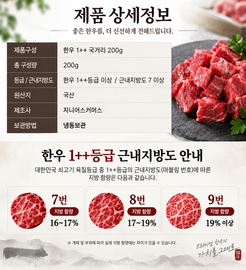한우 국거리 200g 원산지와 냉동 보관 방법을 담은 판매자 제품 정보