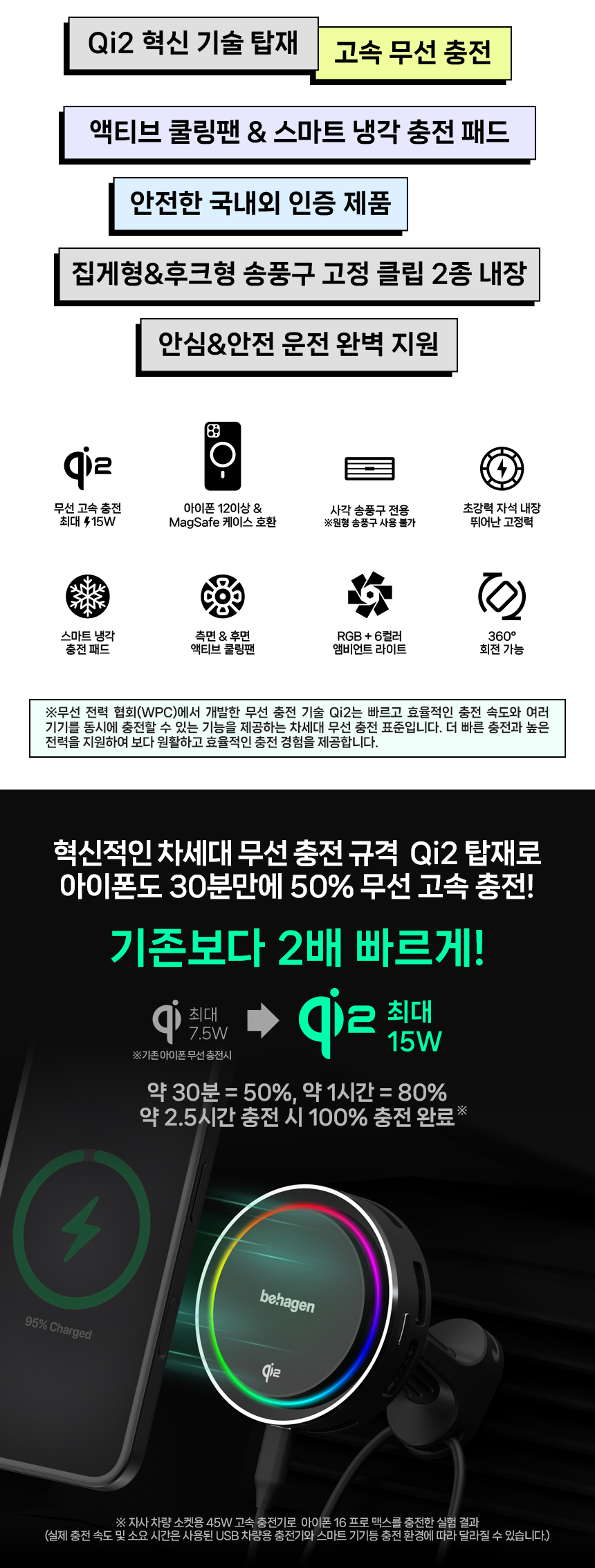 비하겐 Qi2 맥세이프 차량용 고속 무선충전 거치대, TWID-30CSQ, 블랙, 1개 상세 이미지 2