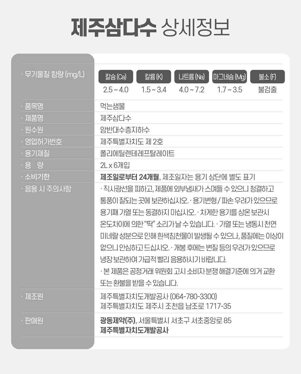 제주삼다수 상세정보 원수원 암반대수층지하수 소비기한 제조일로부터 24개월 음용 시 주의사항