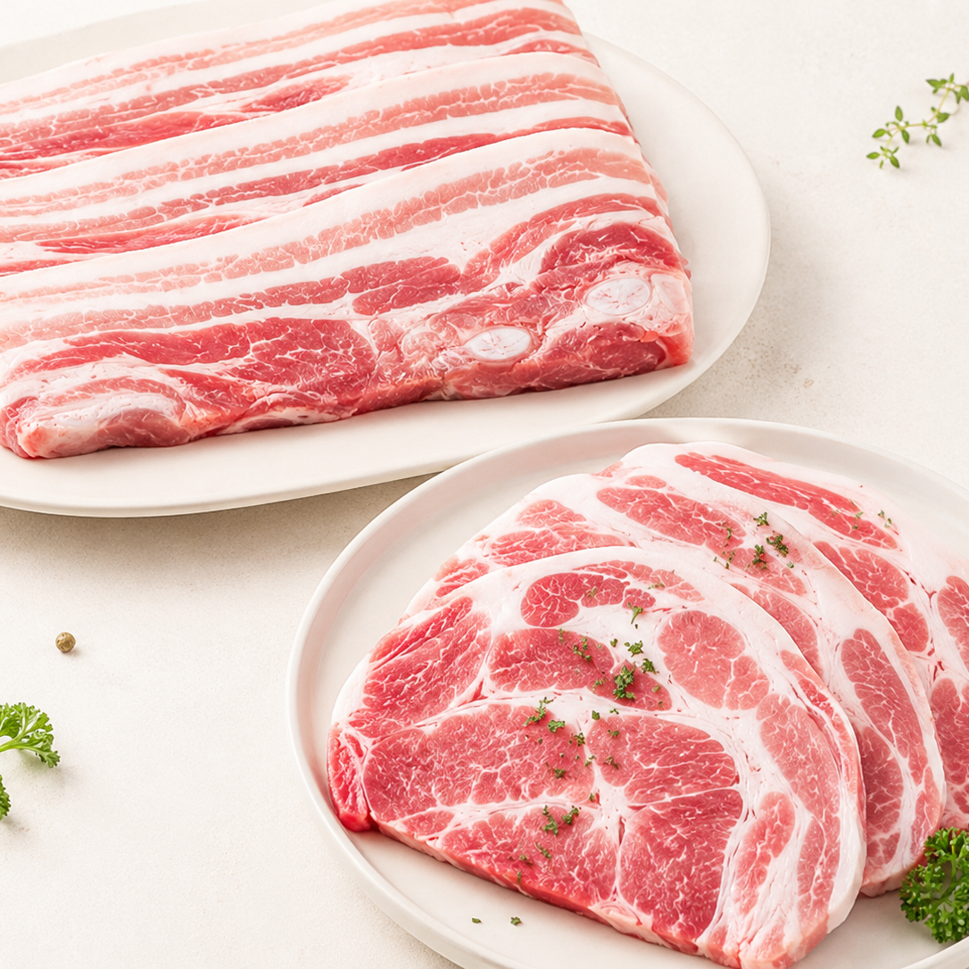 [토스쇼핑] 더예쁜한우 돼지고기 구이용세트, 삼겹살, 500g, 1개 + 목전지 500g, 1개, 1세트