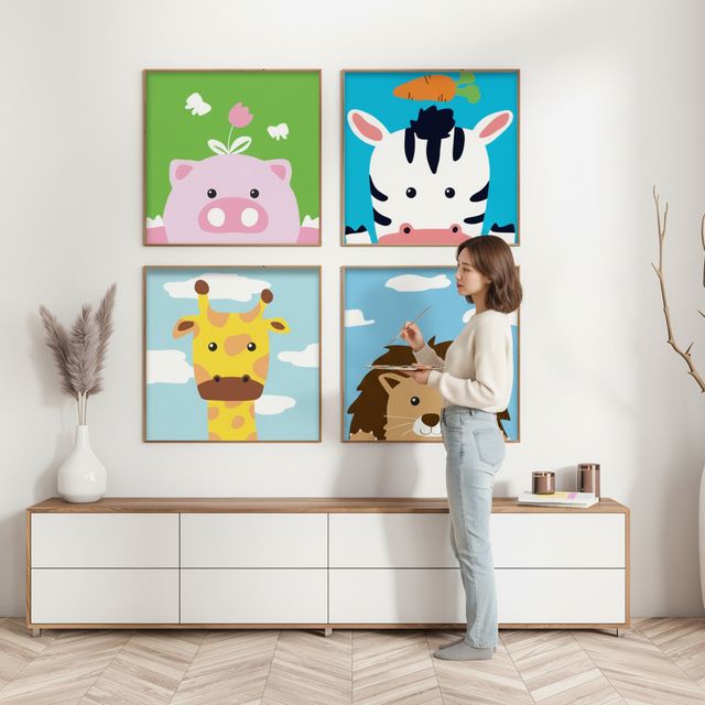 DIY 숫자 유화 그리기 세트 캔버스 명화 채색 취미 미술 키트, 핑크PIG, 20x20cm