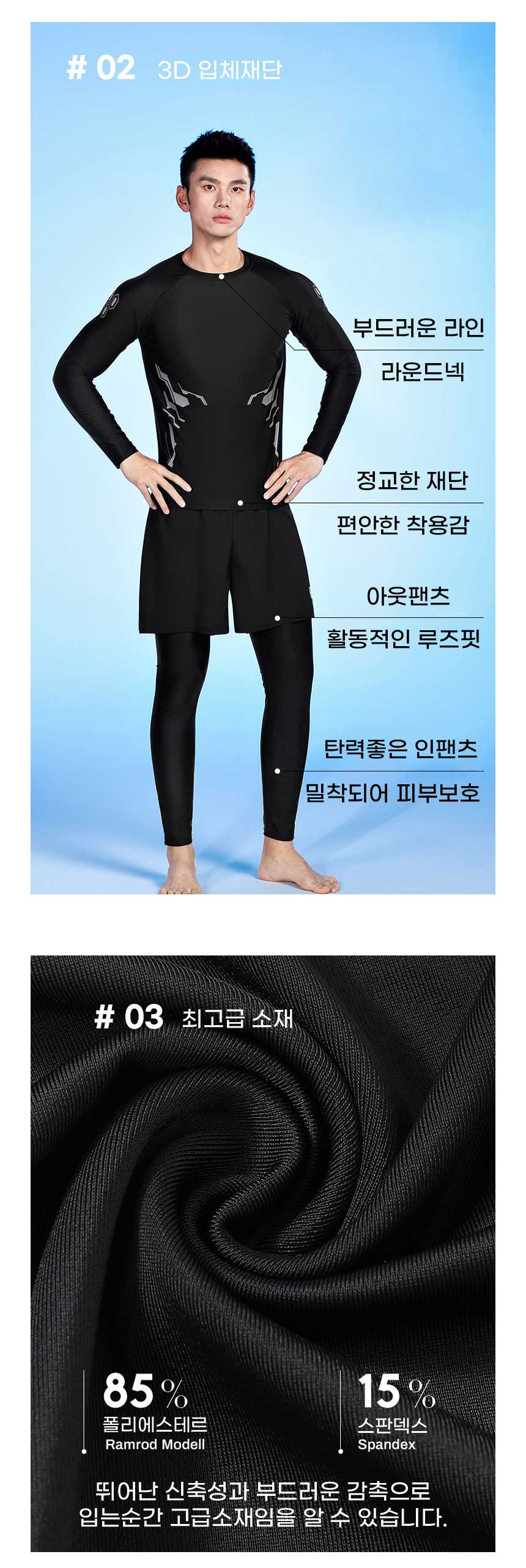 남자 빅사이즈 래쉬가드 상의 하의 세트, 긴팔상의, 블랙, 3XL 상세 이미지 4
