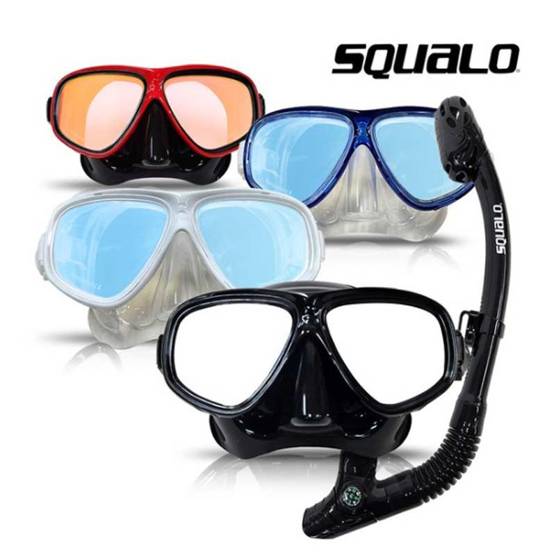스쿠알로 SQUALO 프리미엄 미러스노쿨링 프리다이빙 장비세트 미러렌즈 드라이탑 장착, 화이트, 1개