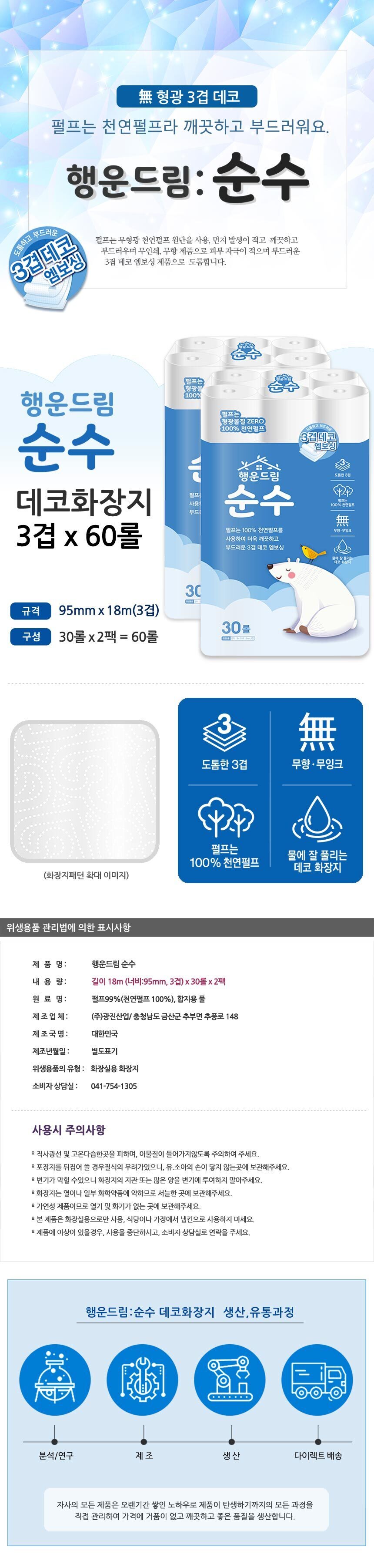 행운드림 순수 화장지, 3겹, 18m, 30롤, 2팩 상세 이미지 1