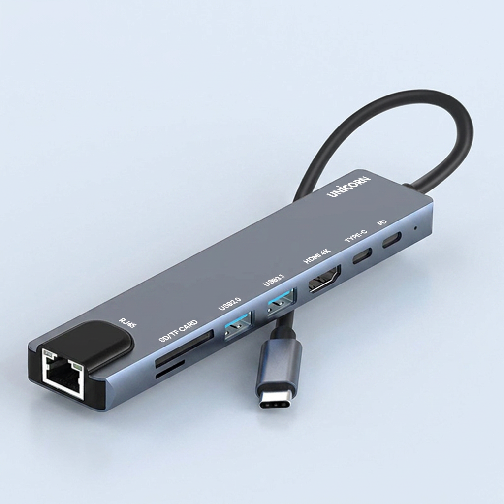 유니콘 8in1 USB 멀티허브, TCH-L60, LAN, HDMI, USB-C, PD87W, 4K 미러링, TF SD카드리더, 그레이, 1개