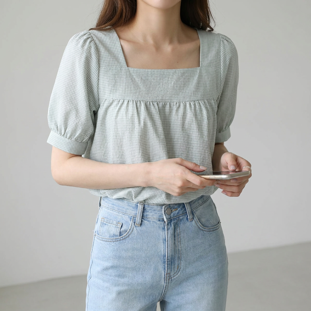 쉬블림로브 여성 스퀘어넥 체크 시원한 데일리 나들이 블라우스 GW1715, 원컬러, FREE