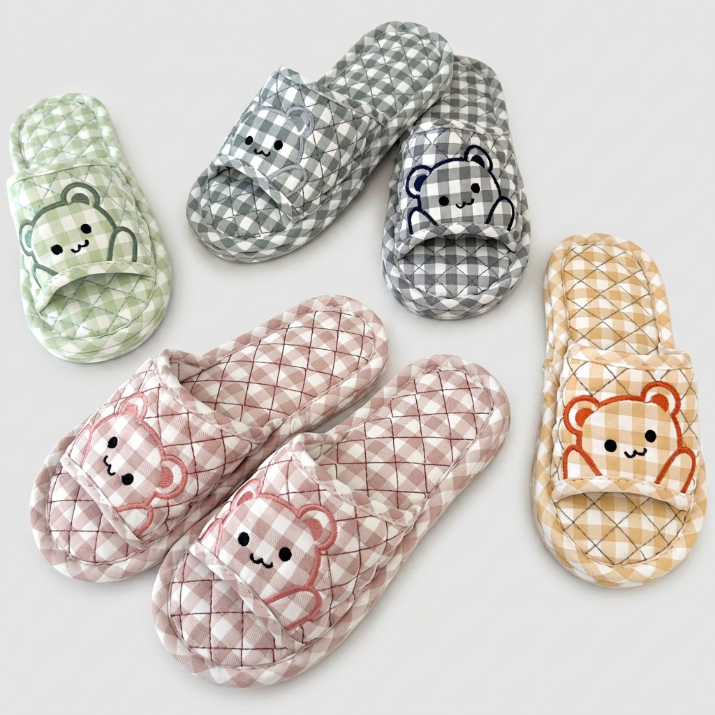 3중 쿠션 면 슬리퍼, 곰돌이 카키 1개 + 곰돌이 오렌지 1개, 2개