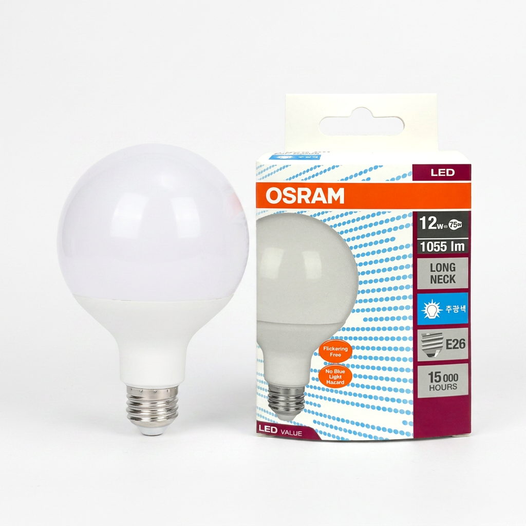 오스람 LED 볼 전구 숏넥 12W 플리커프리 블루라이트 차단, 주광색, 1개