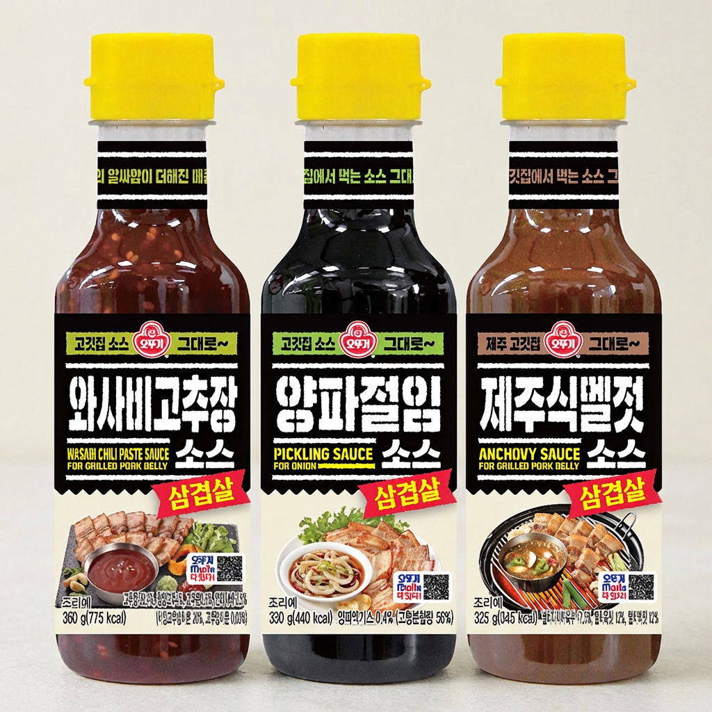 오뚜기 삼겹살 찰떡 소스 3종(양파절임, 멜젓, 와사비고추장), 1015g, 1세트