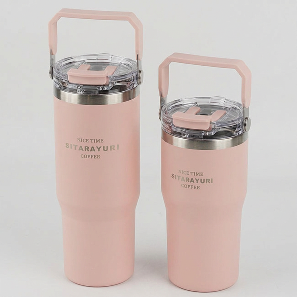 시타 빨대 스텐 보온보냉 손잡이 텀블러, 핑크, 900ml, 1개
