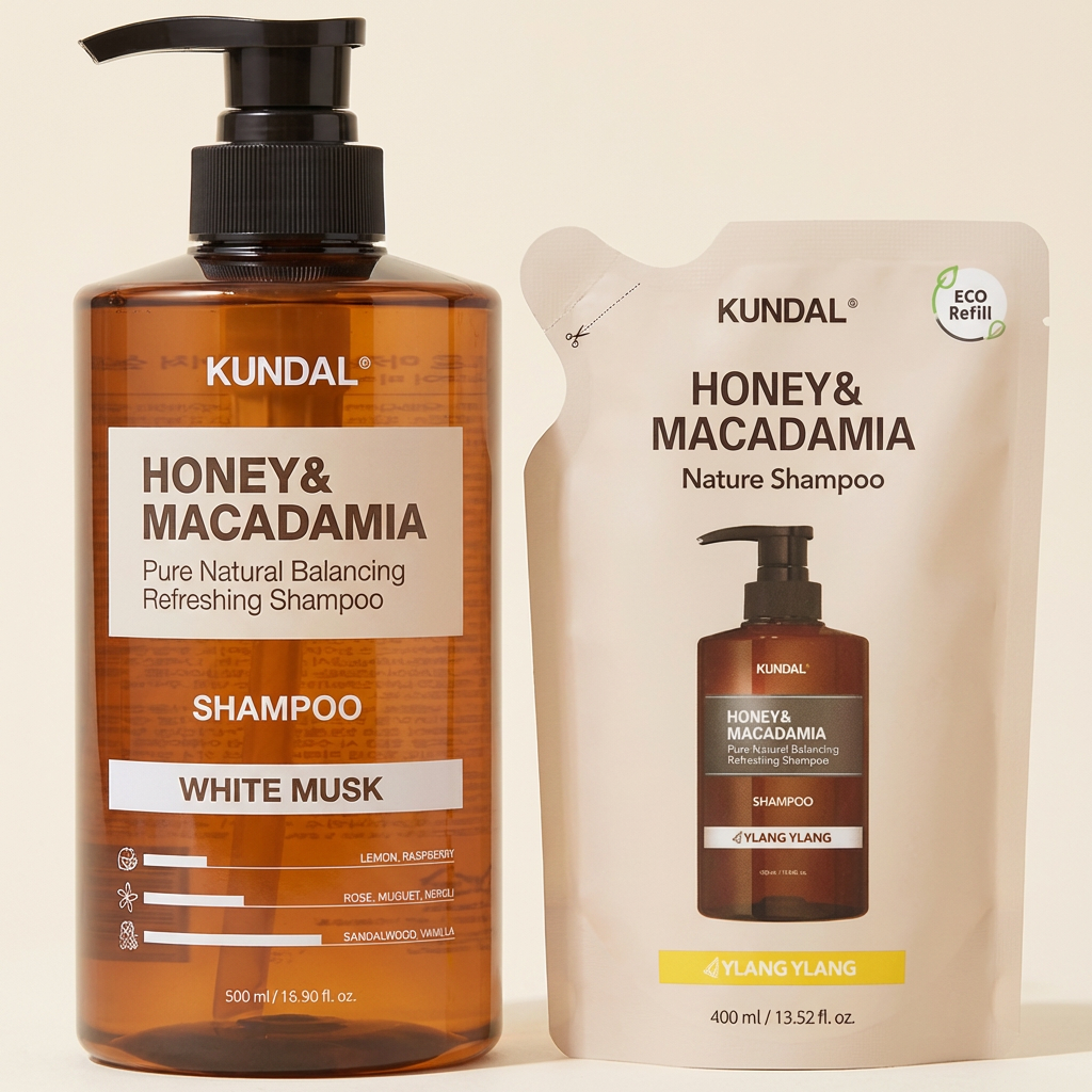 쿤달 허니 앤 마카다미아 네이처 샴푸, 화이트머스크, 500ml, 1개 + 품 리필, 랜덤향, 400ml, 1개, 1세트