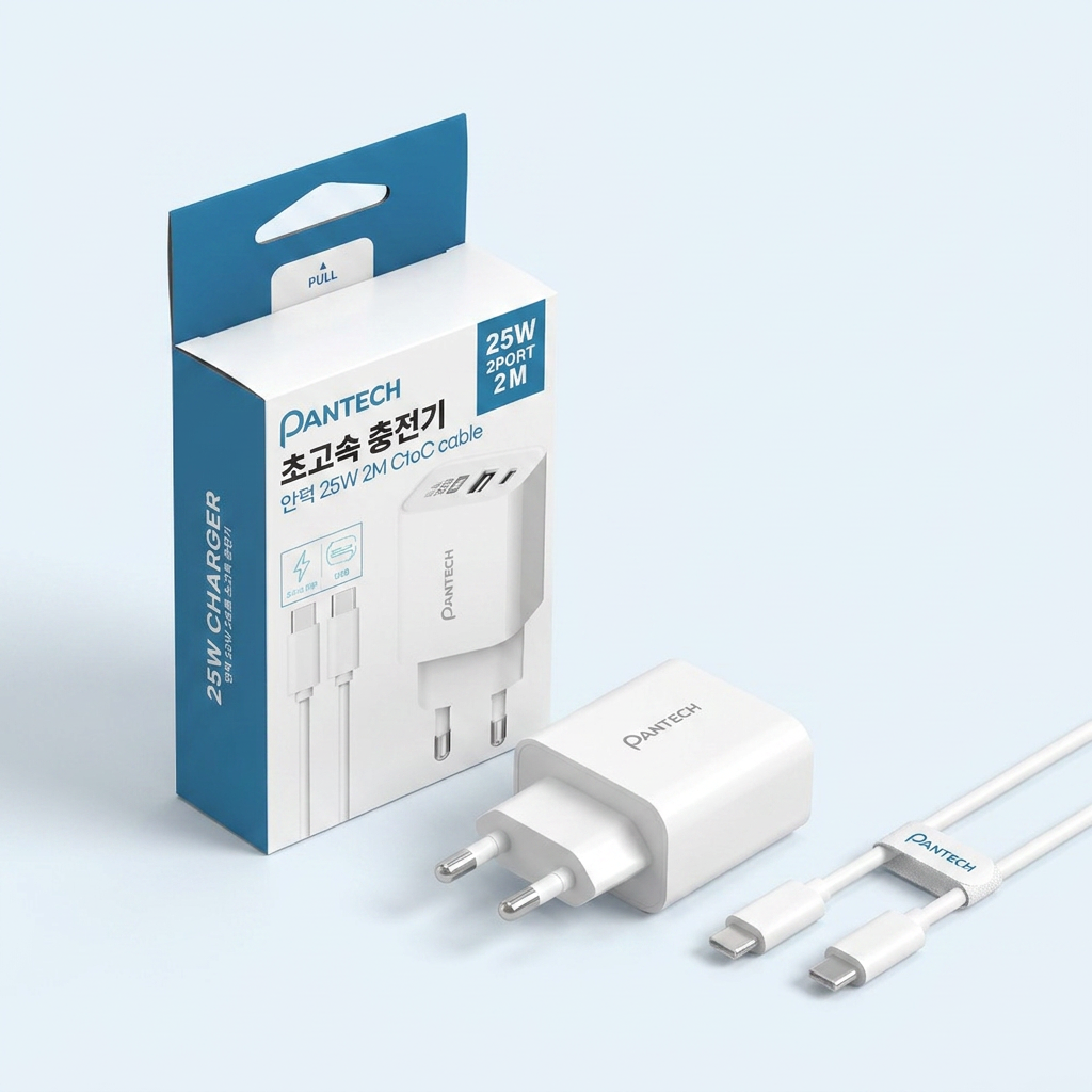 팬택 25W 2포트 충전기 + 45W 2m 케이블, 호환용, 화이트, 1개