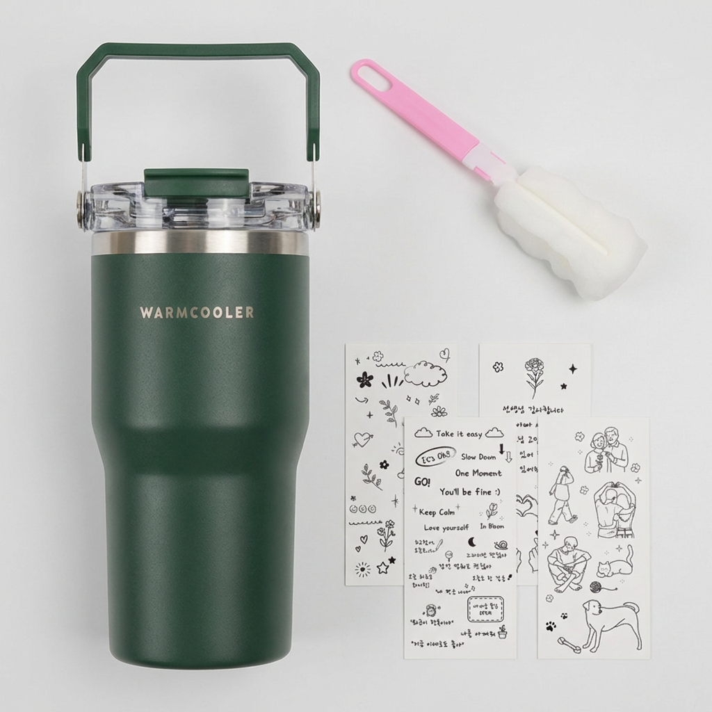 마마픽스 대용량 핸들 빨대 텀블러, 그린, 600ml, 1개