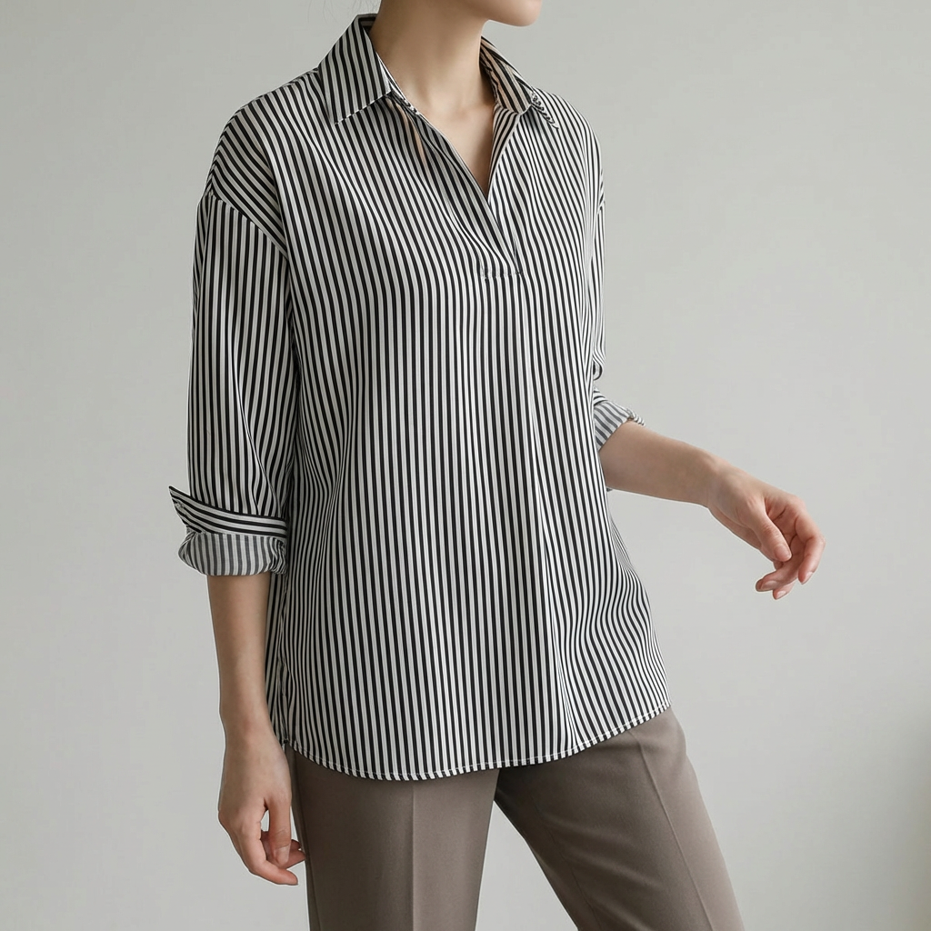 쉬블림로브 여성 스트라이프 반오픈 카라 데일리 블라우스 GW0607, 원컬러, FREE