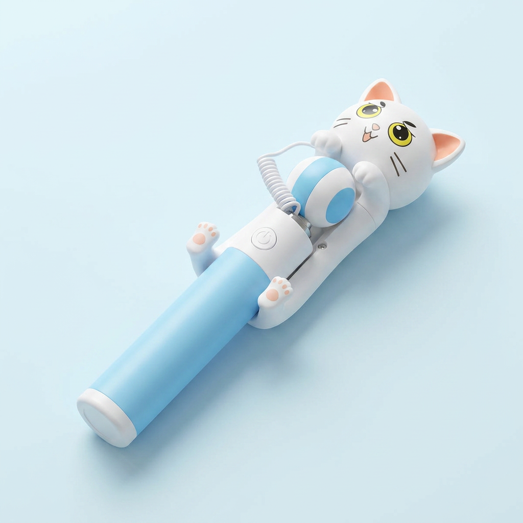 고양이 셀카봉, 7단계, 차량 버튼 고리 거치용, 미니, 원터치, 유선, 블랙, 1개