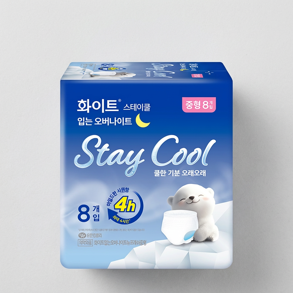 화이트 스테이쿨, 입는 오버나이트, 중형, 8개입, 3팩
