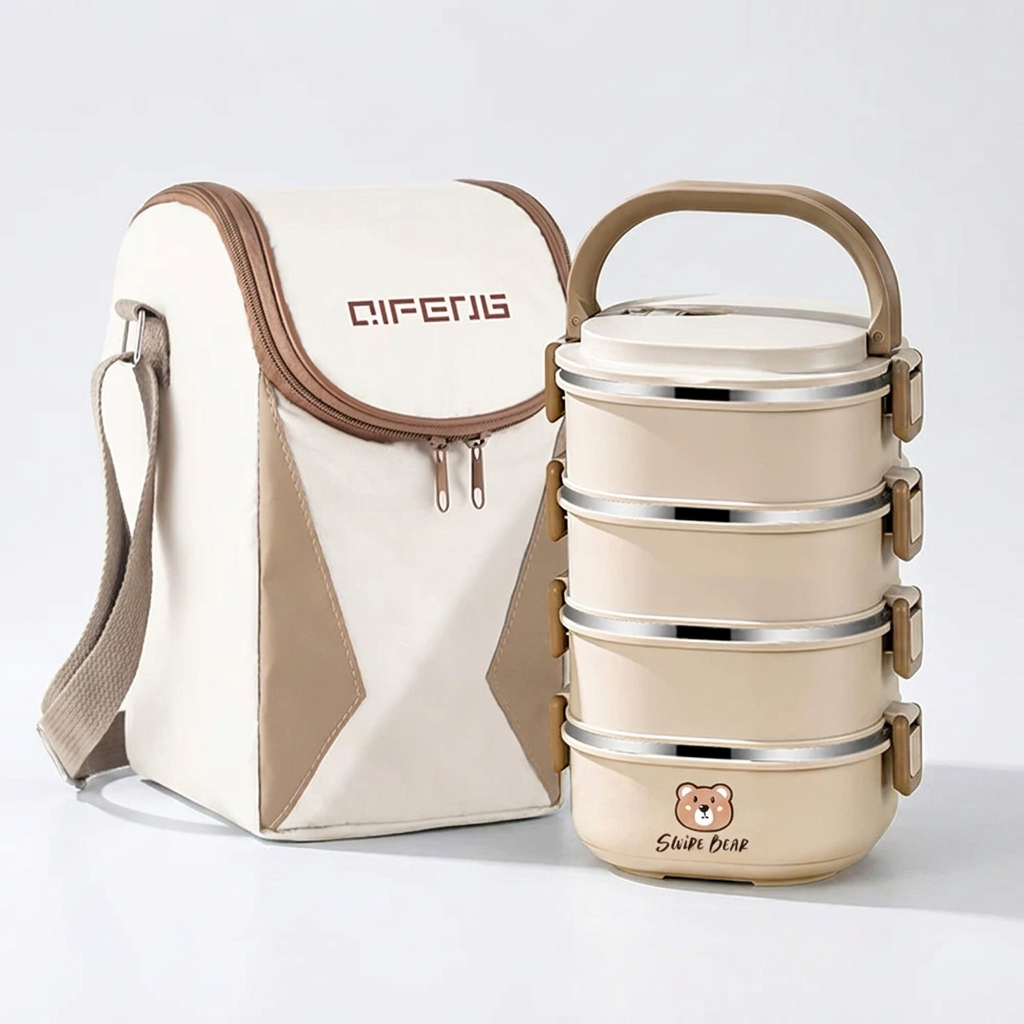SWiRE BEAR 스테인레스 도시락통, 베이지, 4단, 2.8L, 1개 + 보온가방, 1개