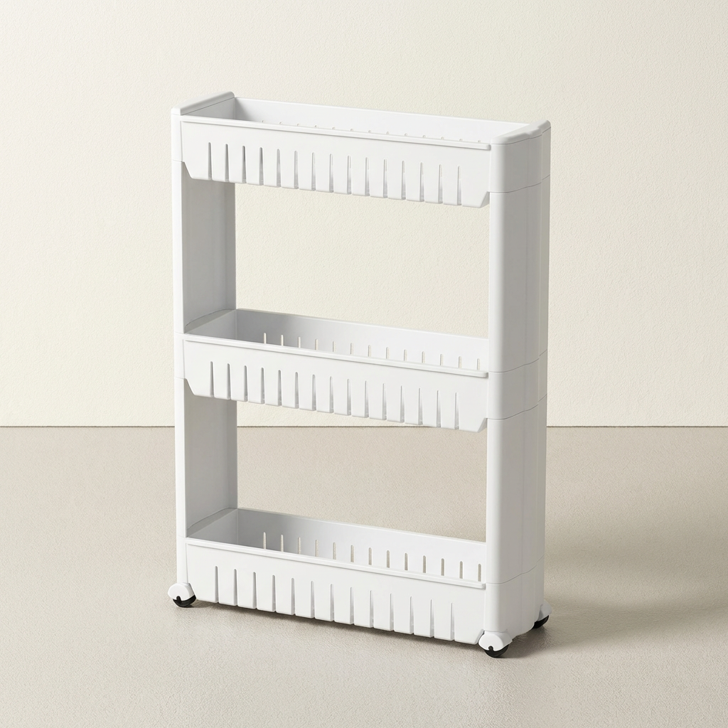 이동식 틈새 수납장 바퀴 달린 3단 슬림 선반, 화이트, 52cmX72cm