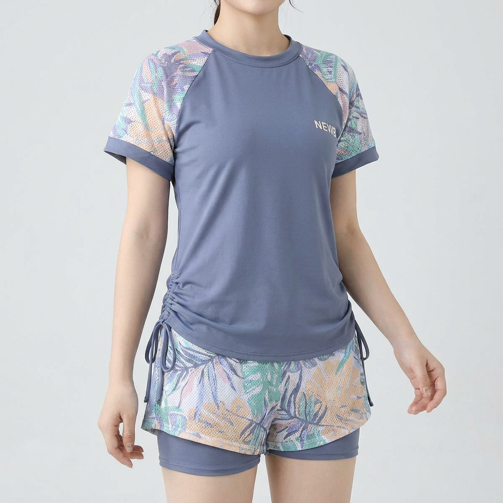 제이빌드 여유핏 매쉬 비키니 래쉬가드 수영복 투피스 세트, 블루그레이, 4XL , 1개