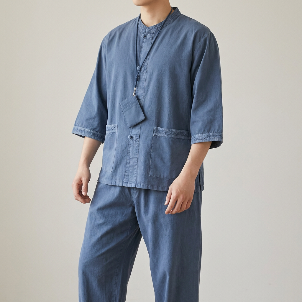 조은생활한복 여름 시원한 면 100 저고리 바지 캐주얼 남녀공용 라운드 개량한복 스탠드칼라 남자 생활한복 여름한복 세트, 북청색, 중 (95), 1개