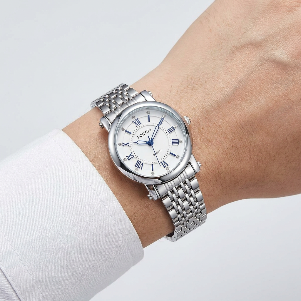 PONTUS 커플시계 손목시계 메탈시계 PO-1008C, 대, 화이트