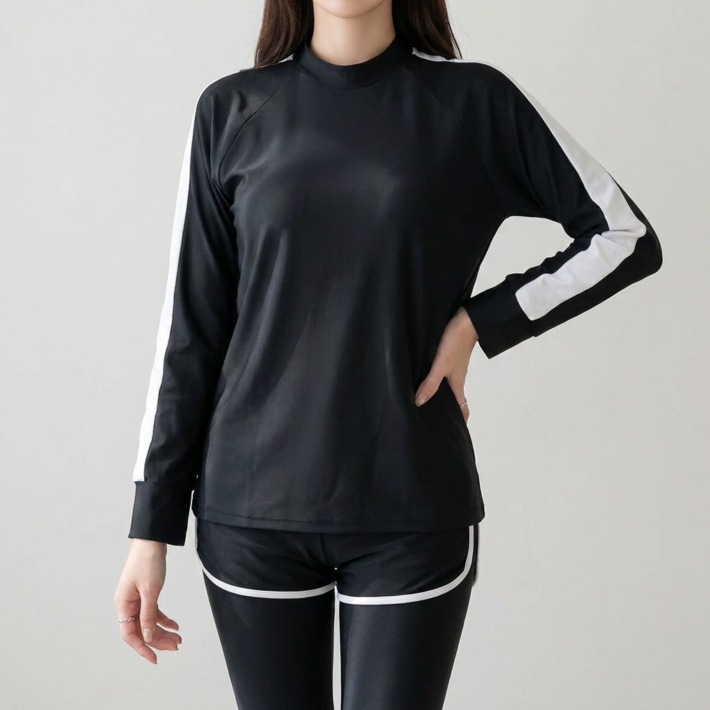 커플 남여공용 긴팔 라인 루즈핏 래쉬가드 세트 SW0134, 단일색상, 여성 XL