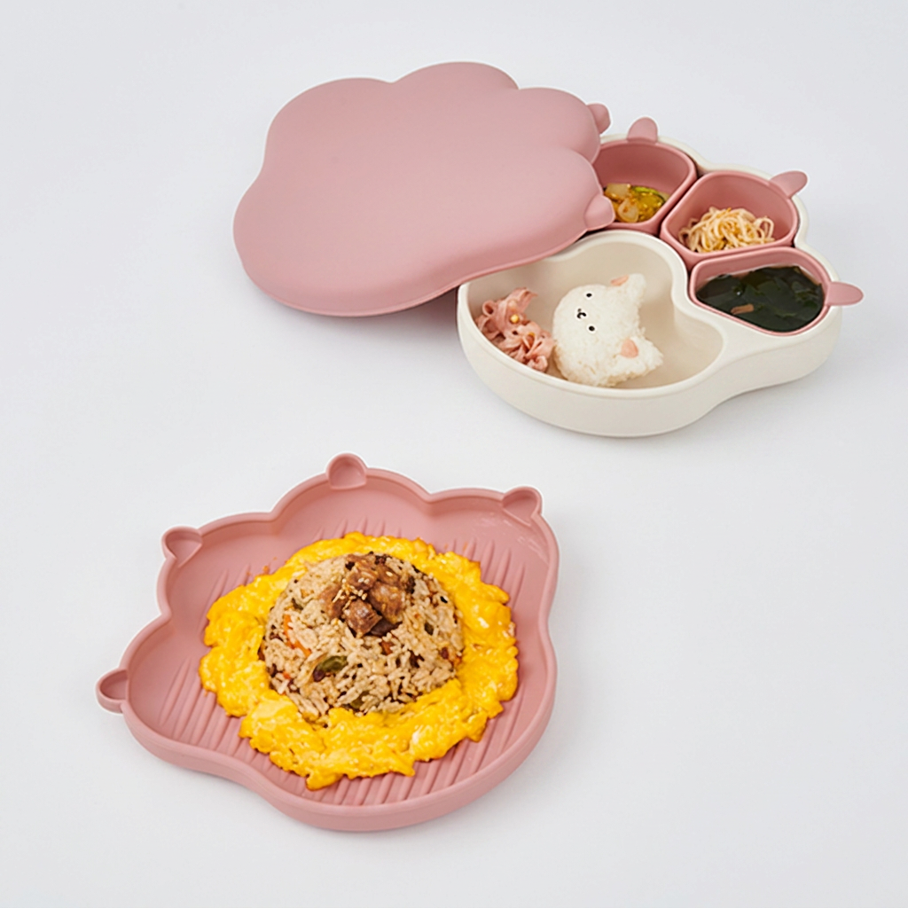 퍼기 냥냥 흡착식판 + 냥냥 플레이트 접시 세트, 드라이로즈 + 브라운, 1세트