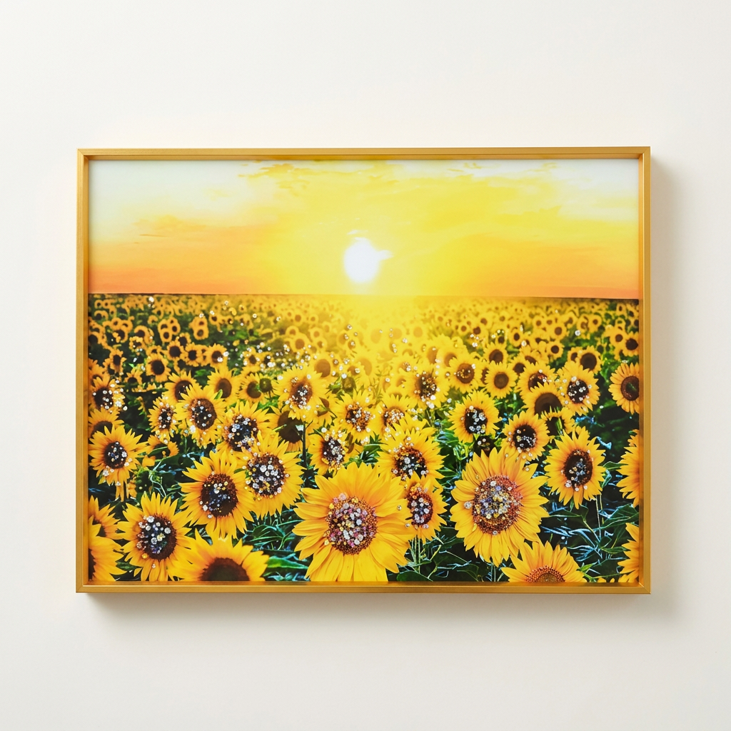 재물을 부르는 해바라기 풍수 인테리어 황금 보석 액자, 해바라기와 노을, 40x30cm