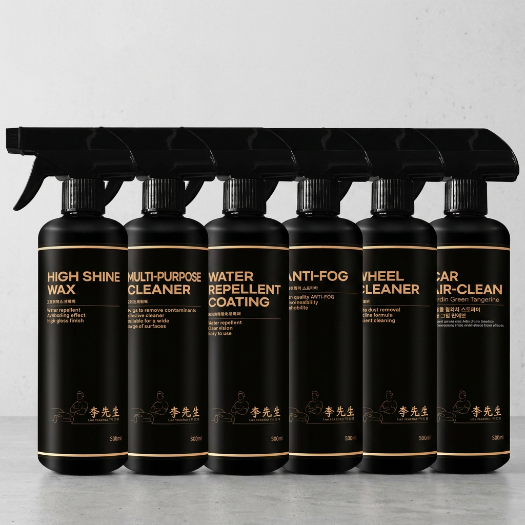이선생 자동차 관리 필수용품 6종 기획전, 고광택 왁스 코팅제 500ml, 휠 크리너 500ml, 다용도 세정제 500ml, 유리 세정 발수 코팅제 500ml, 차량용 탈취제 500ml, 김서림 방지 스프레이 500ml, 1개
