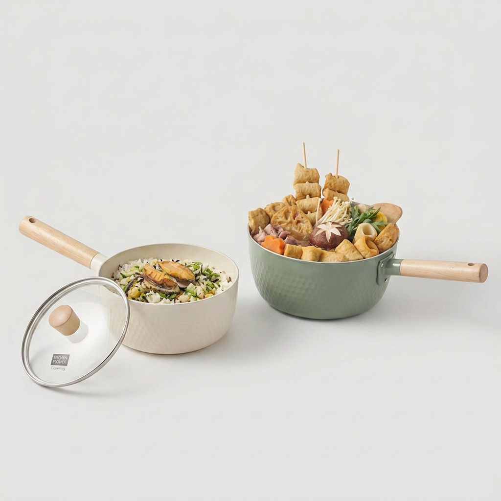 키친플라워 쿠킨 IH 인덕션 우드 세라믹 편수냄비 2종세트, 18cm + 20cm, 1세트