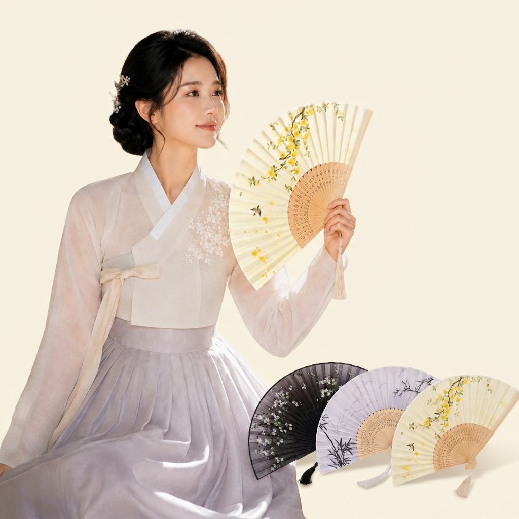 접이식 대나무 부채, 3종세트, 흑매화+수묵+연노랑 매화, 3개입, 1세트
