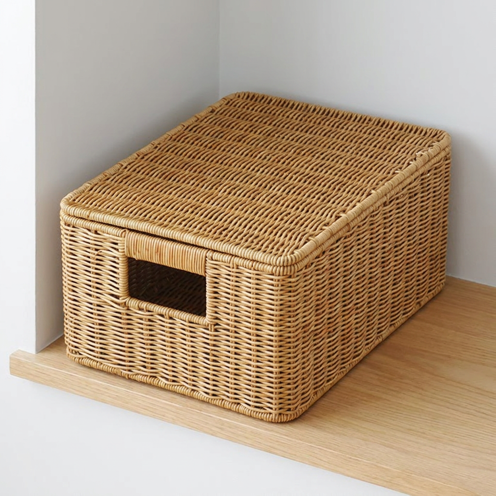 데이지가든 내츄럴 뚜껑 라탄 바구니, M, 36x26x16cm, 1개