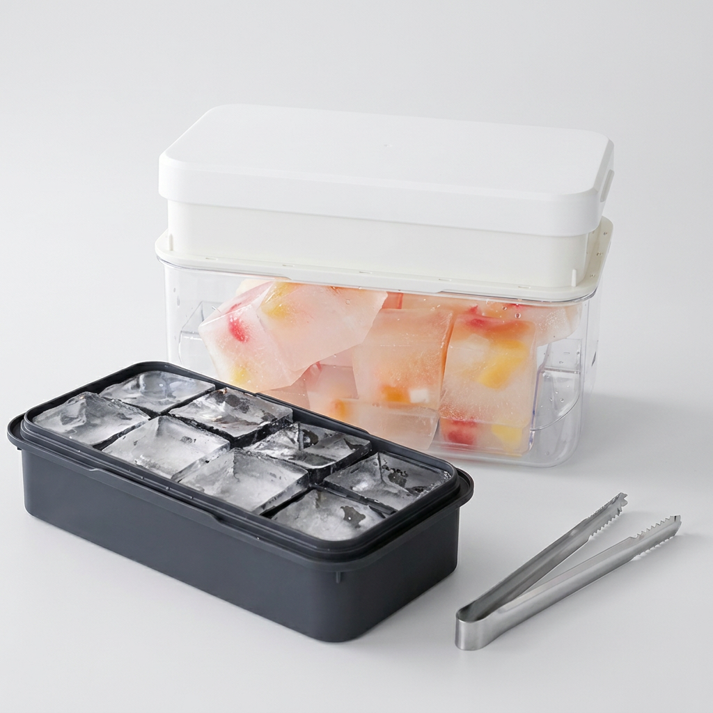 네이쳐리빙 실리콘 푸쉬 왕얼음 트레이 보관통, 2단, 화이트, 1개 + 전용집게, 1개, 1세트