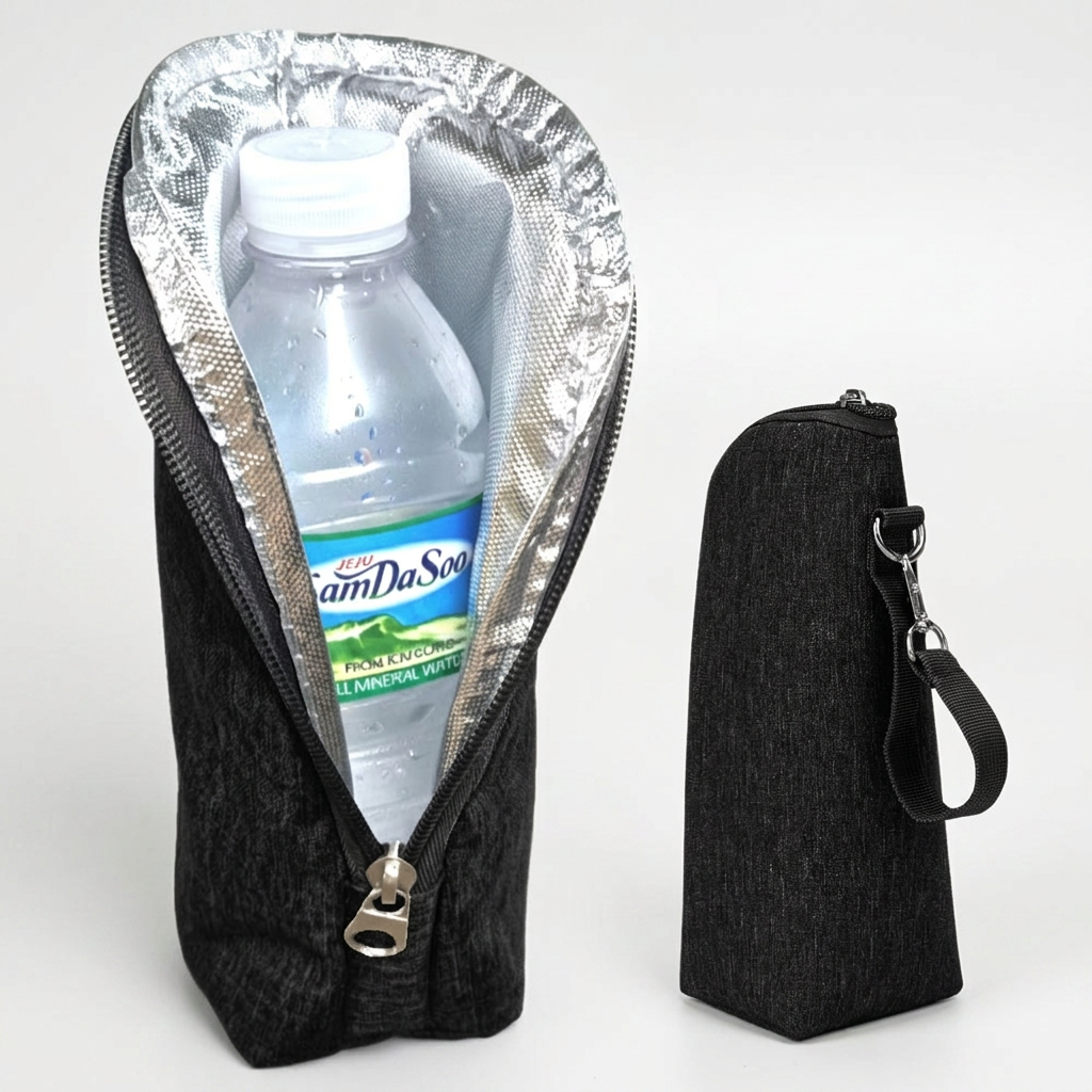 PICNAIN 물병 보냉 미니 파우치 쿨러백, 블랙, 22x7cm, 500ml, 1세트