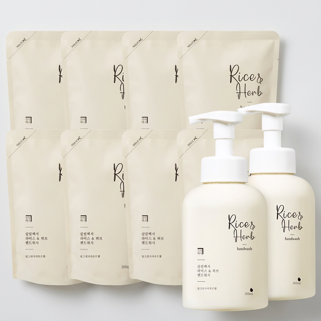살림백서 라이스앤허브 핸드워시, 딥그린시더우드, 500ml, 2개 + 리필, 200ml, 8개