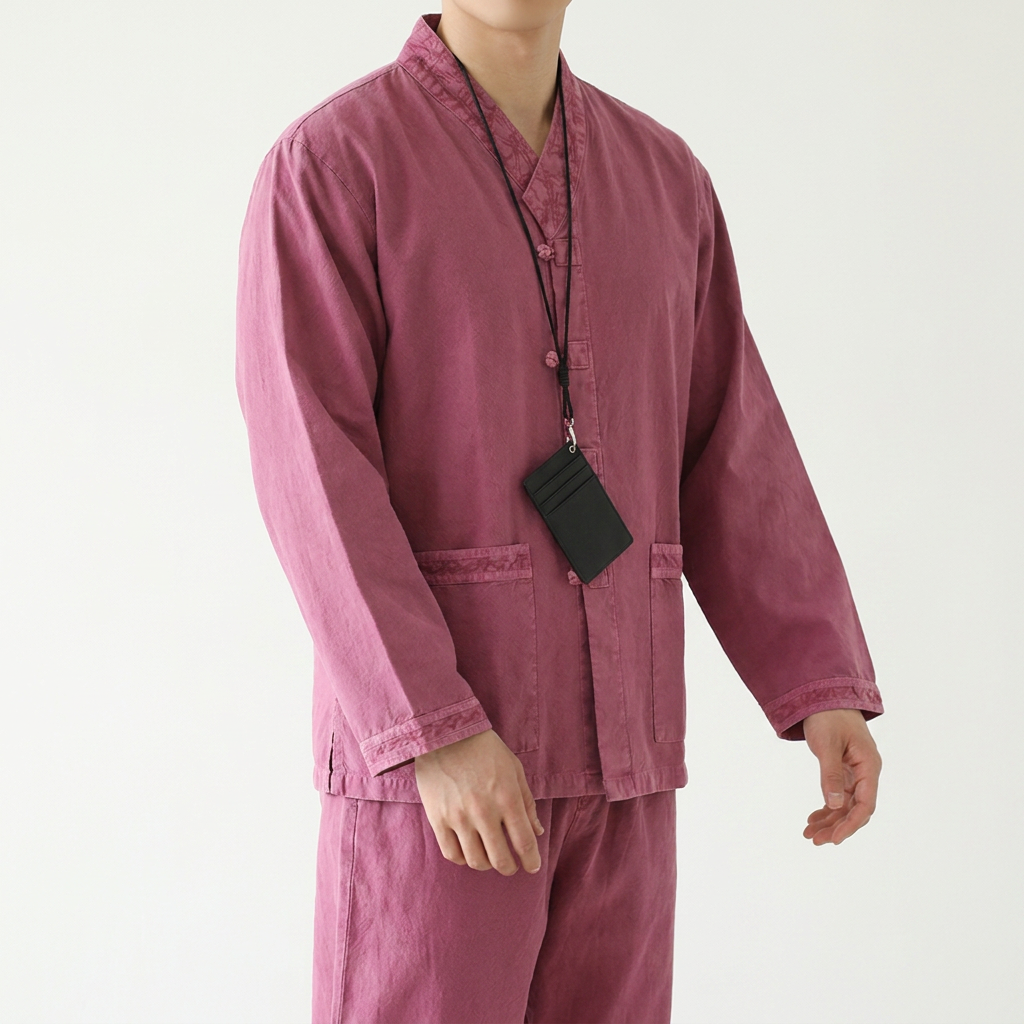 조은생활한복 봄 가을용 국내제작 20수 브이넥 남자 캐주얼 생활한복 공용 개량한복 저고리 바지 세트, 분홍색, 대 (100), 1개