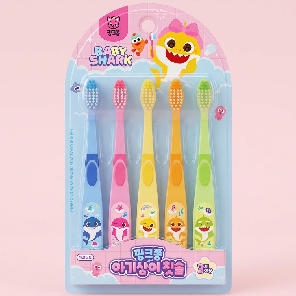 ATEO 캐릭터 유아 칫솔, STEP 2, 핑크퐁 아기상어, 5종, 1세트