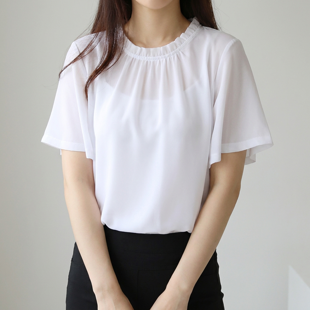 텐제로 넥셔링 쉬폰 블라우스/반팔티셔츠, 화이트, 77, 1개