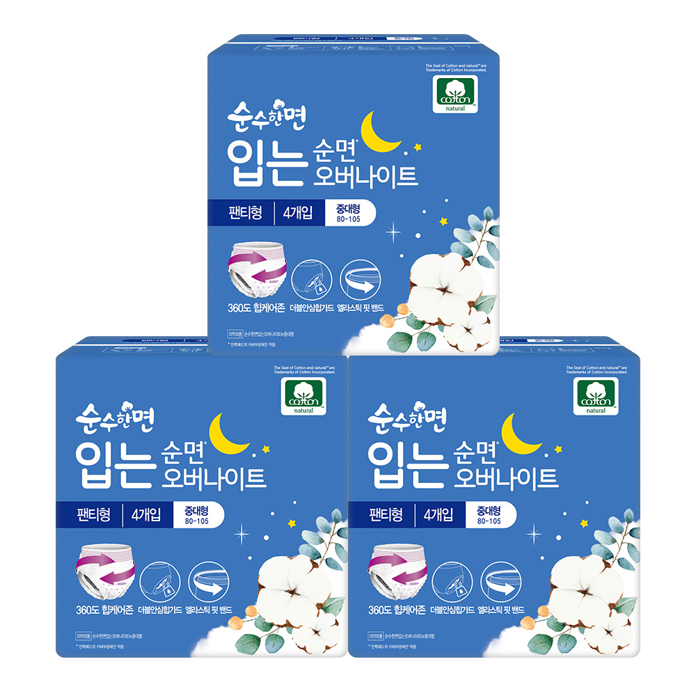 깨끗한나라 순수한면 입는 오버나이트, 중대형, 4개입, 3팩 상세 이미지 2