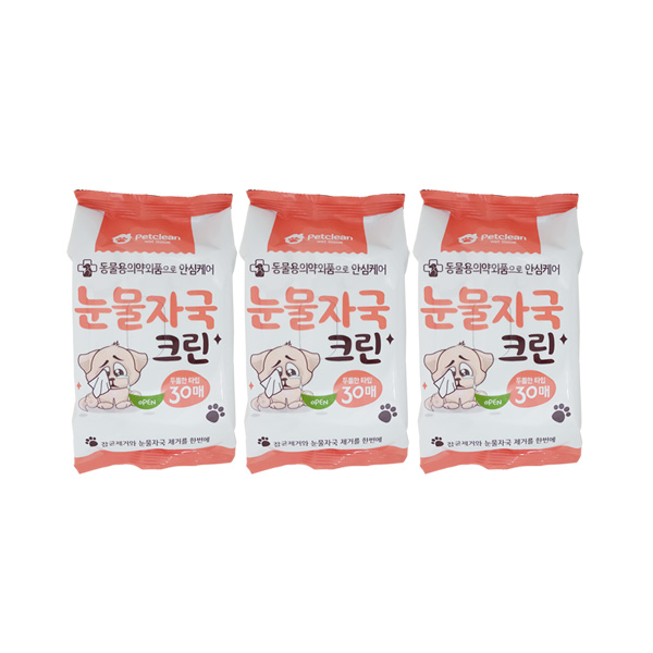 펫크린 눈물자국 크린 반려동물 물티슈, 30매, 3개