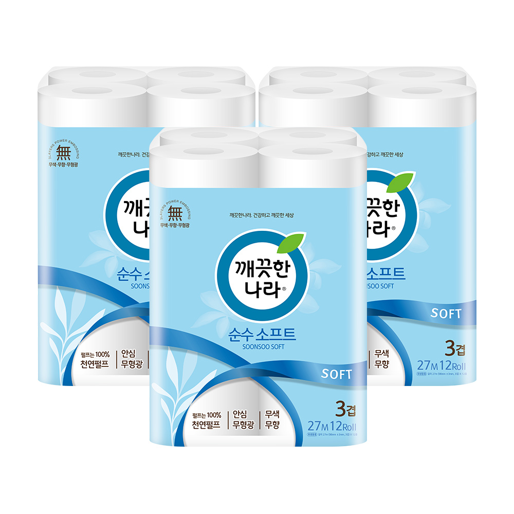 깨끗한나라 순수 소프트, 3겹, 27m, 12롤, 3팩 상세 이미지 2
