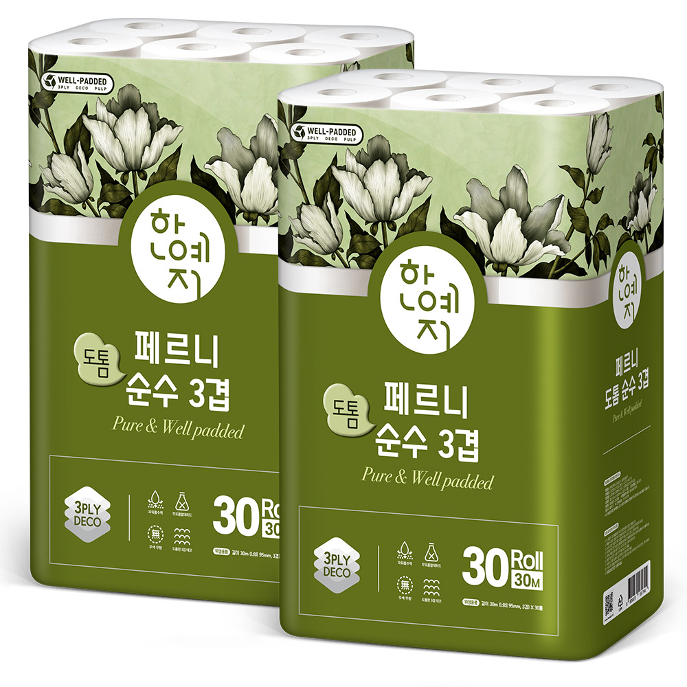 [토스쇼핑]한예지 페르니 도톰 순수 3겹 30롤, 2개 (11,900/무료)