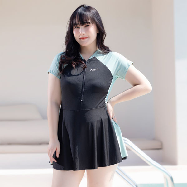 빅사이즈 프론트 지퍼 일체형 원피스 수영복, 카키, 3XL(66-66반), 1개