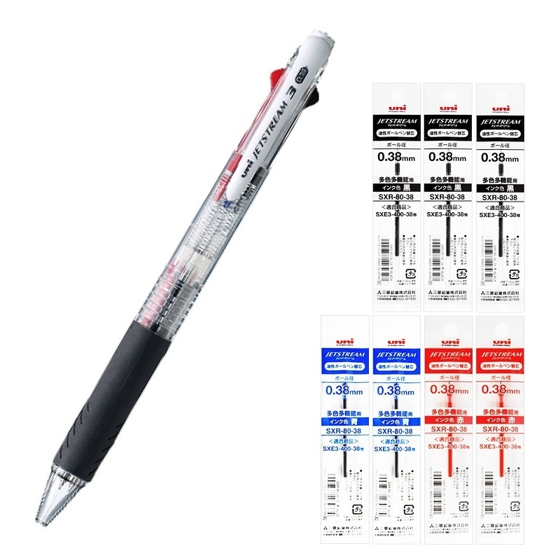 유니 제트스트림 3색 볼펜 0.38mm SXE3-400-38, 투명, 리필 7개 (흑3청2적2), 1세트 상품 이미지