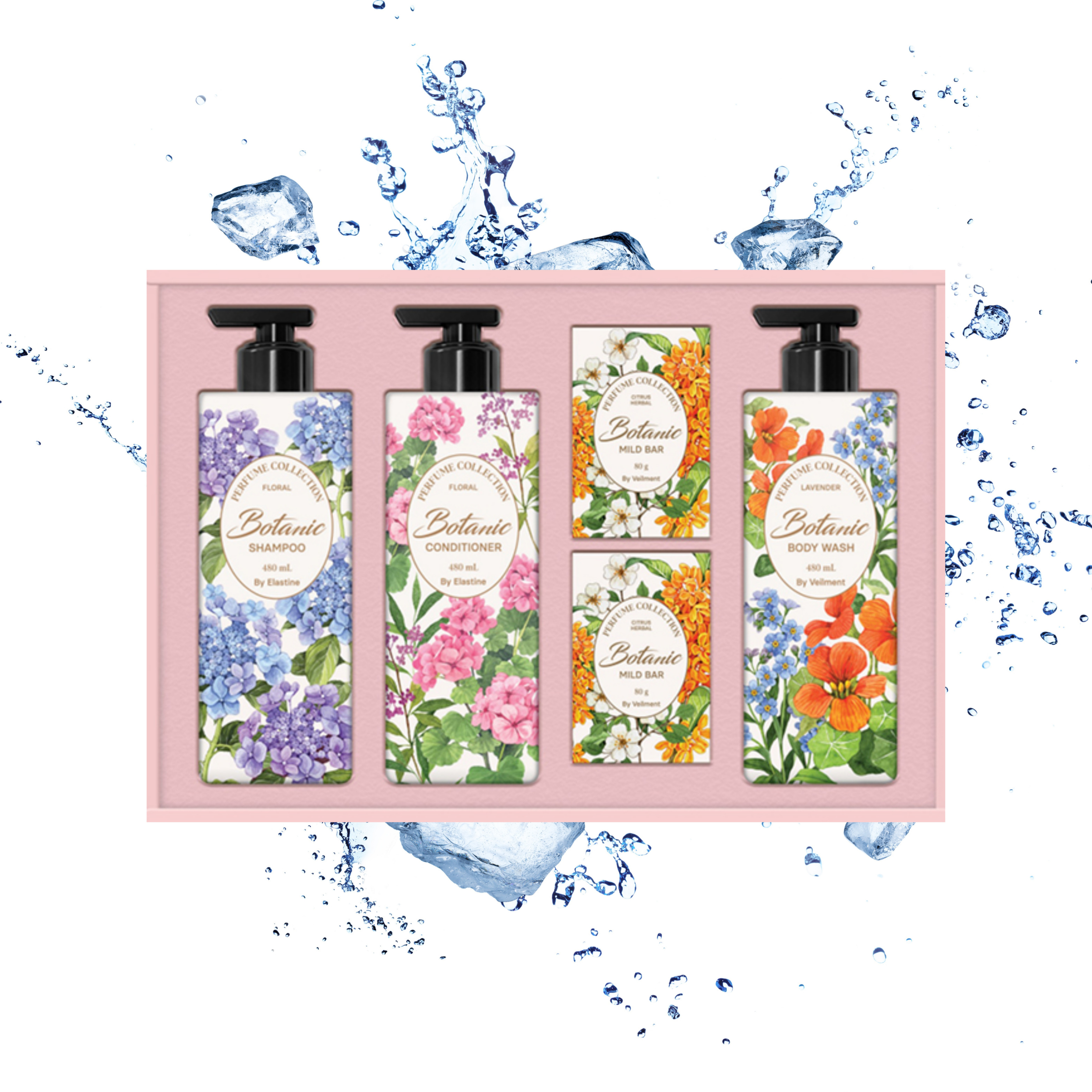 LG생활건강 보타닉 퍼퓸컬렉션, 엘라스틴 보타닉 샴푸 480ml, 엘라스틴 보타닉 컨디셔너 480ml, 온더바디 벨먼 보타닉 바디워시 480ml, 온더바디 벨먼 보타닉 비누 80g 2개, 1개