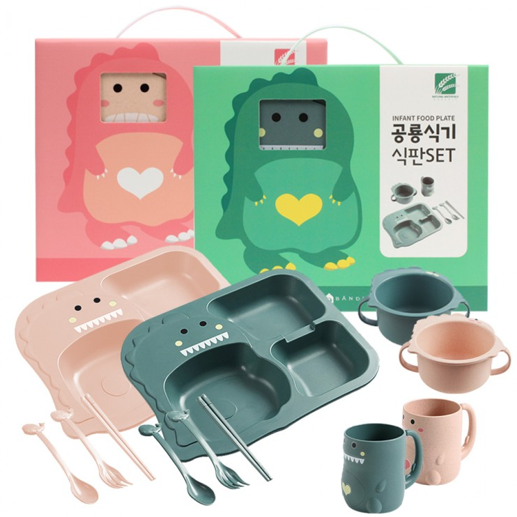 유아 어린이 아기 공룡 식판세트, 핑크, 6개, 1개