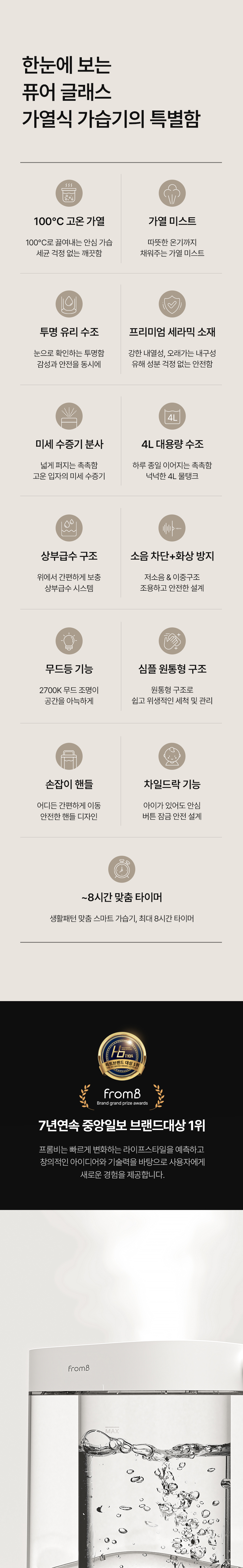 프롬비 퓨어 글래스 가열식 가습기 GL-2402, 화이트, 4L 상세 이미지 3